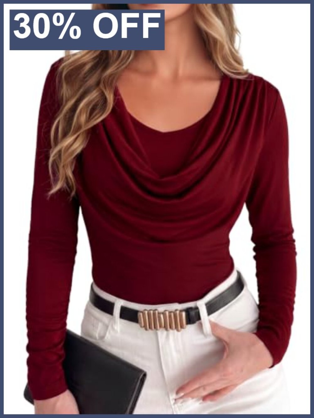 Women Long Sleeve Cowl Neck Ruched Slim Fit Business Casual Blouse